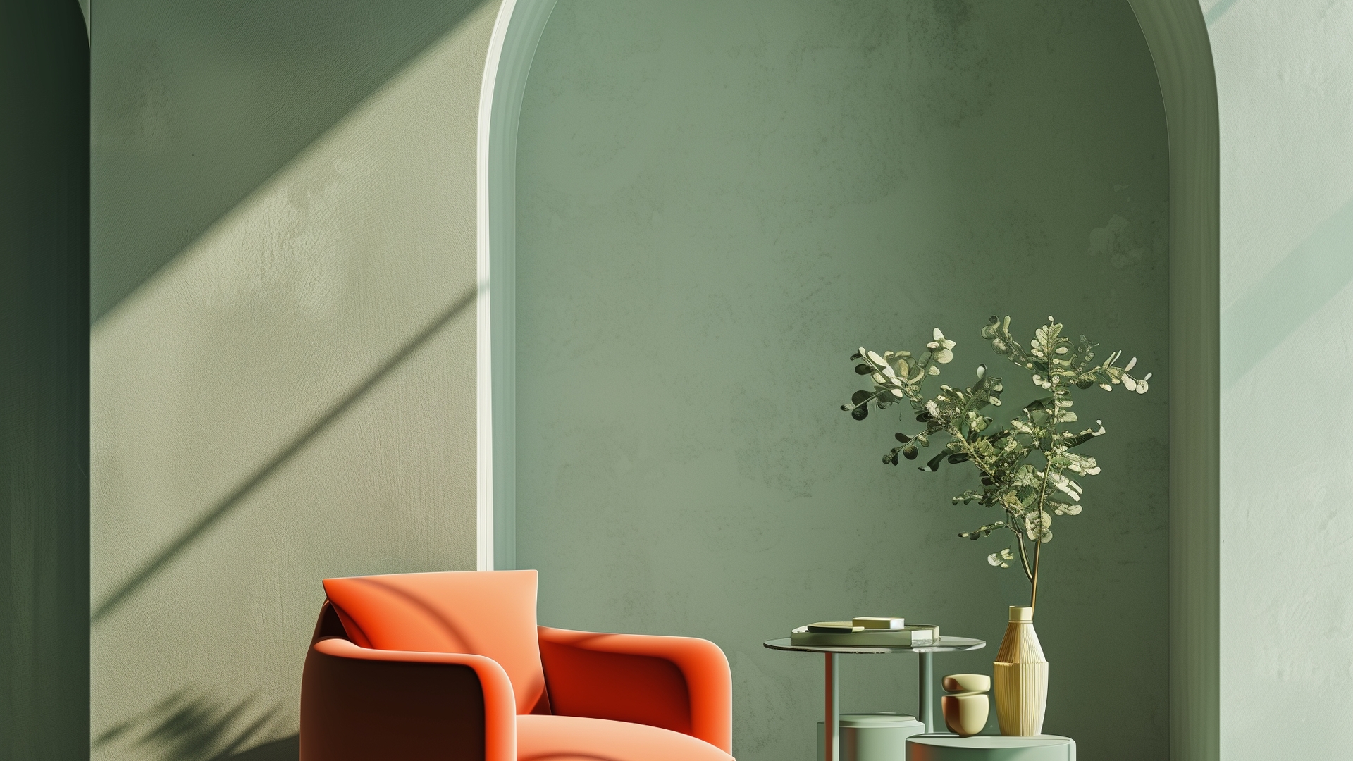Diseño de interiores en color verde con sofá naranja