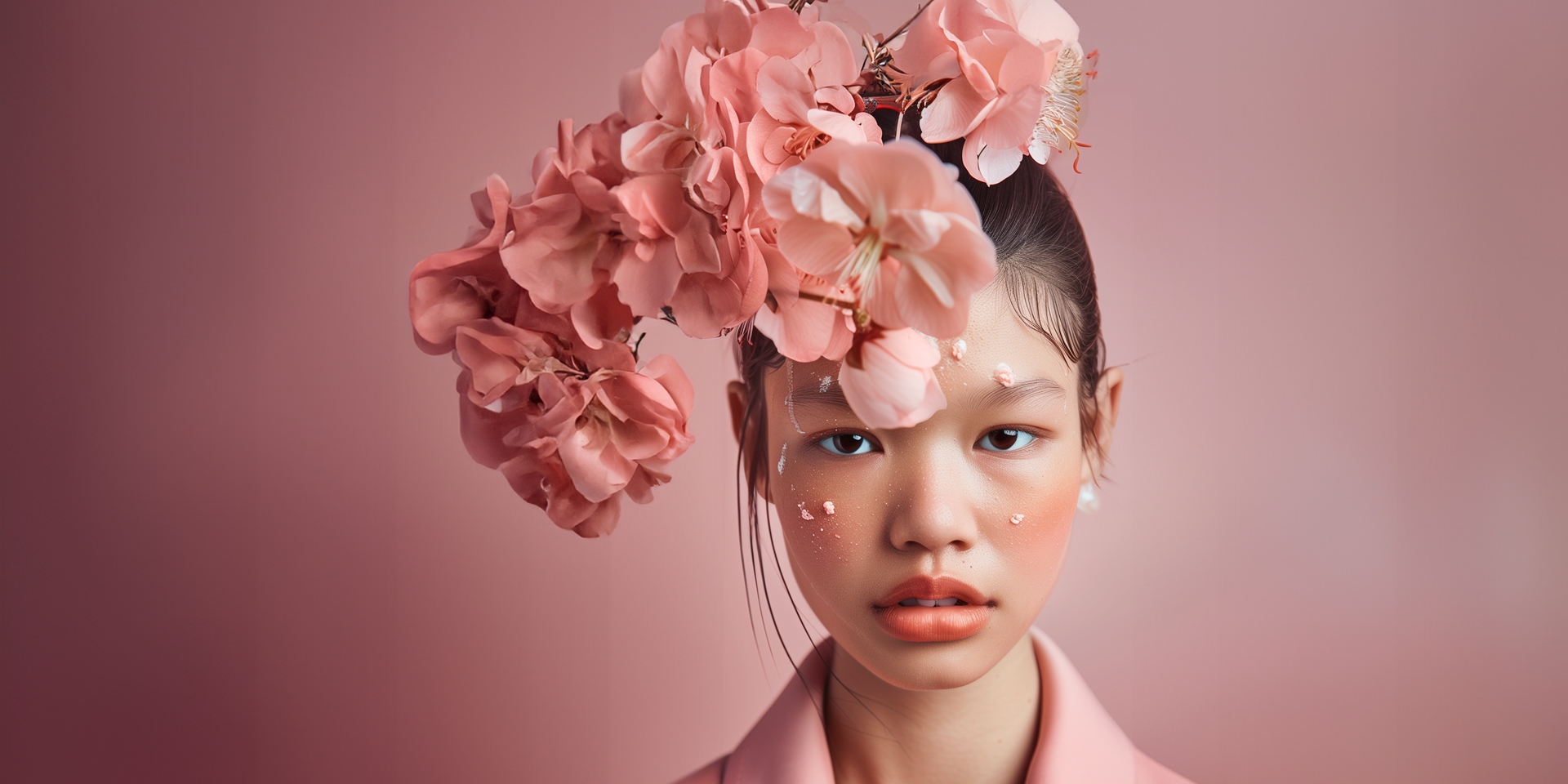 Modelo asiática con flores en la cabeza en tonos rosas