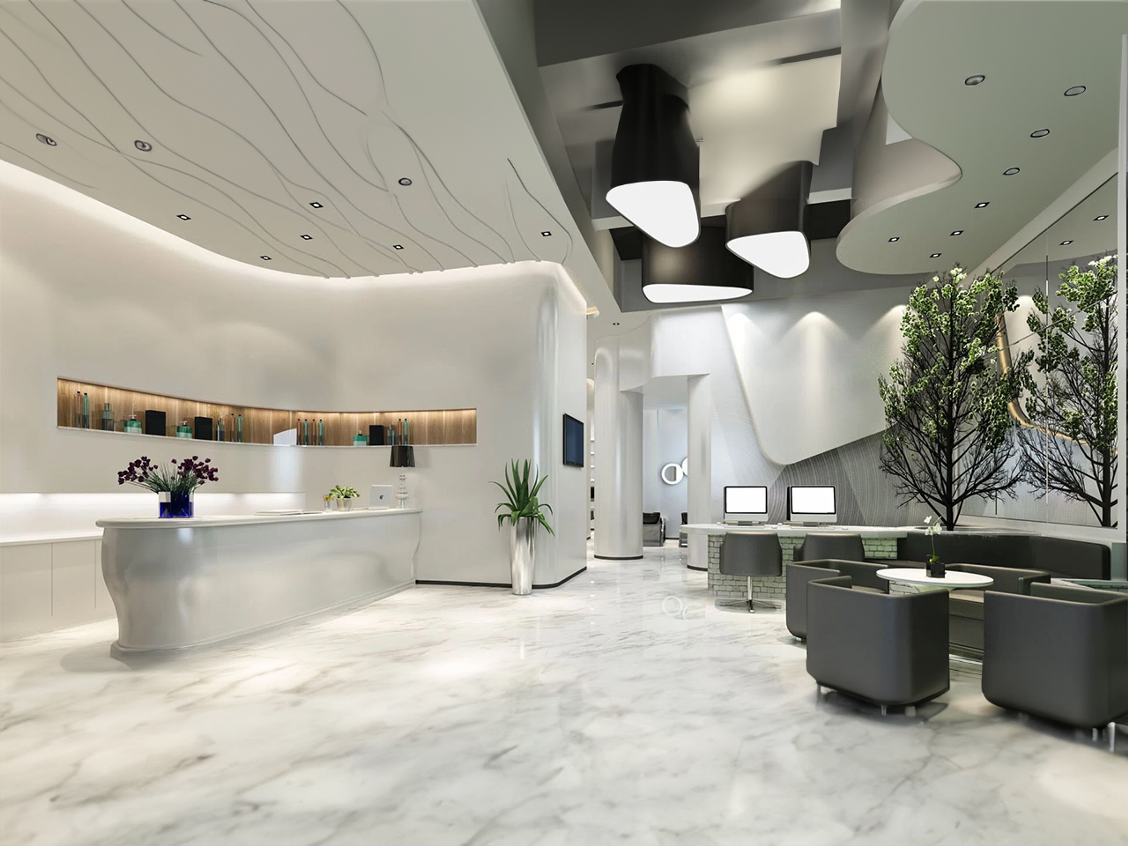 Diseño de un espacio hotelero, con mesas y sillas