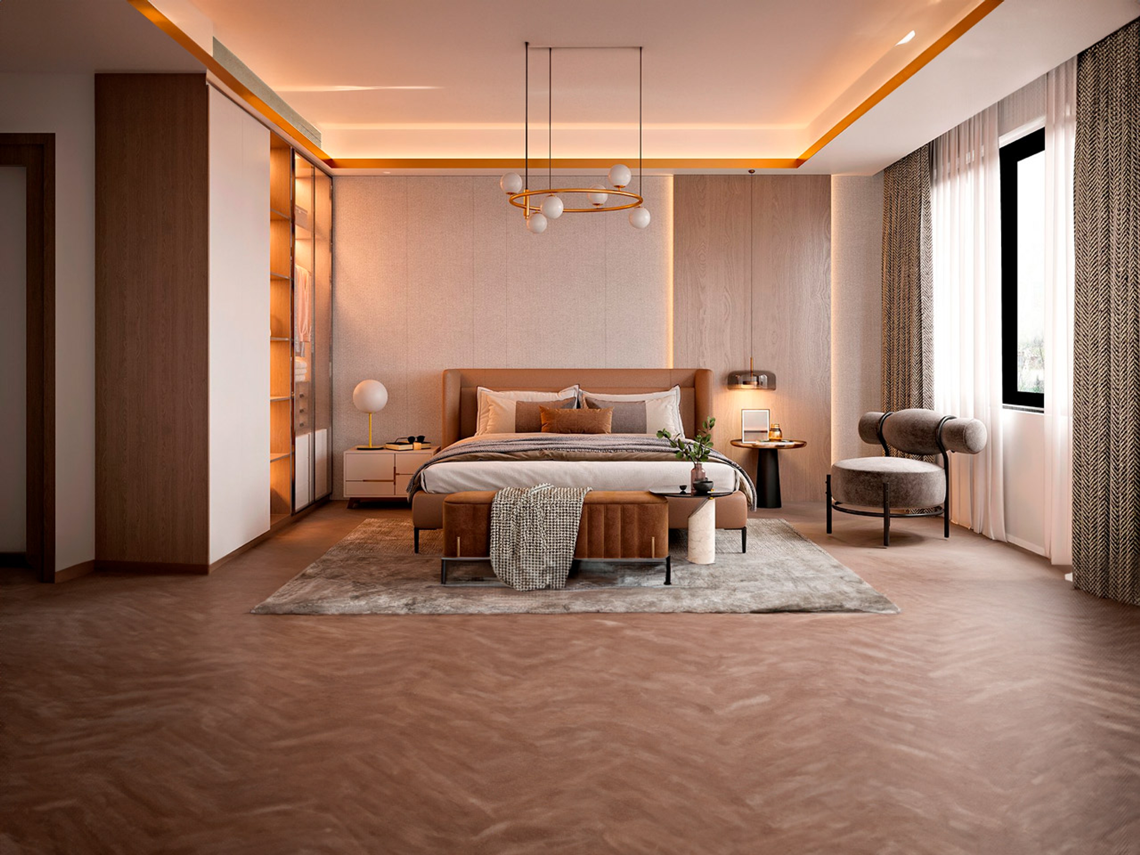 Interior de habitación de matrimonio elegante con muebles modernos