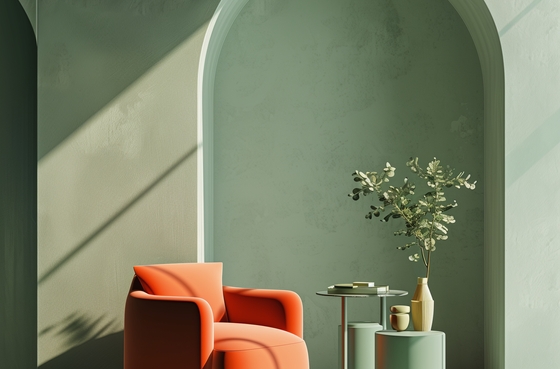 Diseño de interiores en color verde con sofá naranja