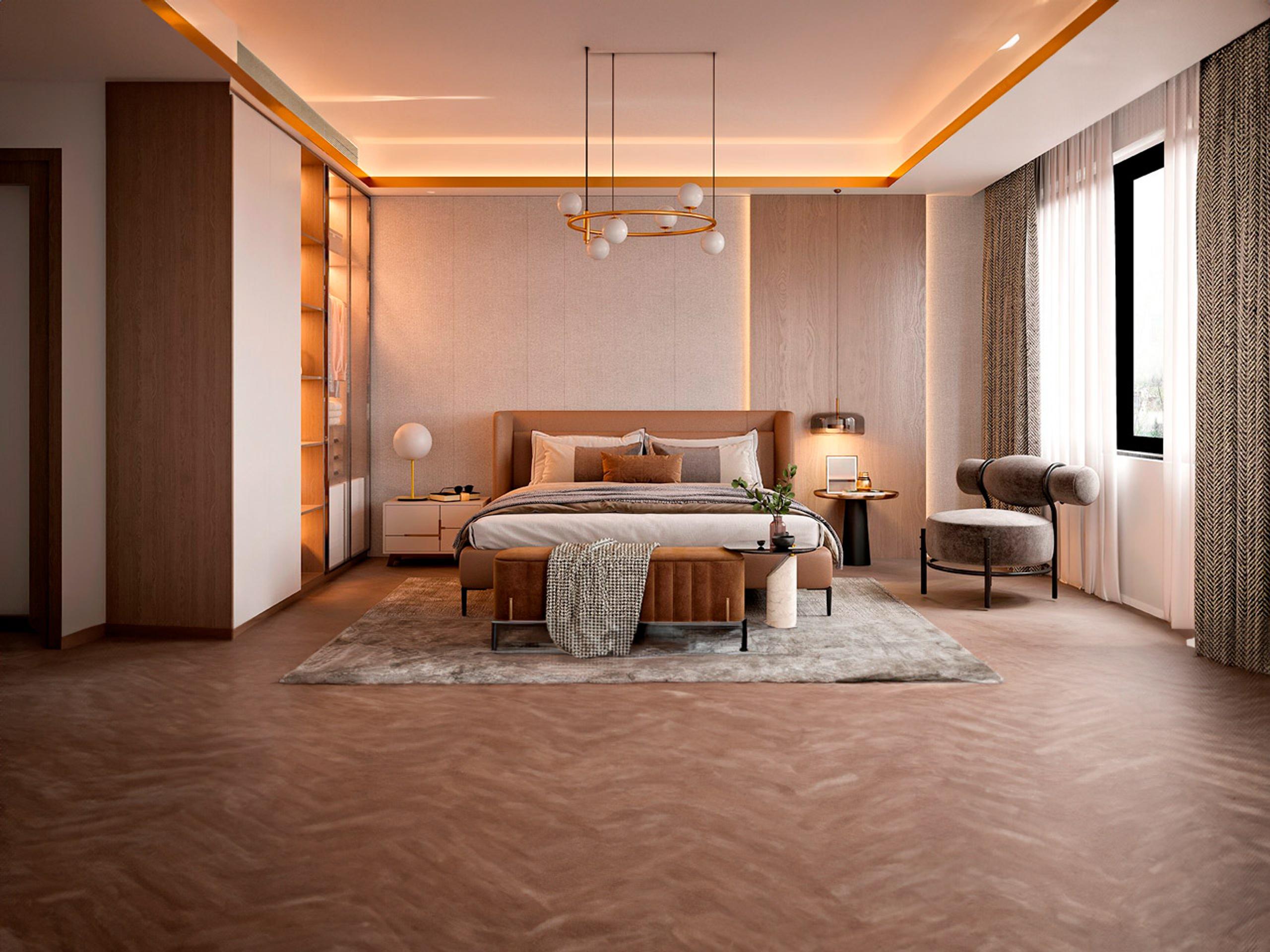 Interior de habitación de matrimonio elegante con muebles modernos
